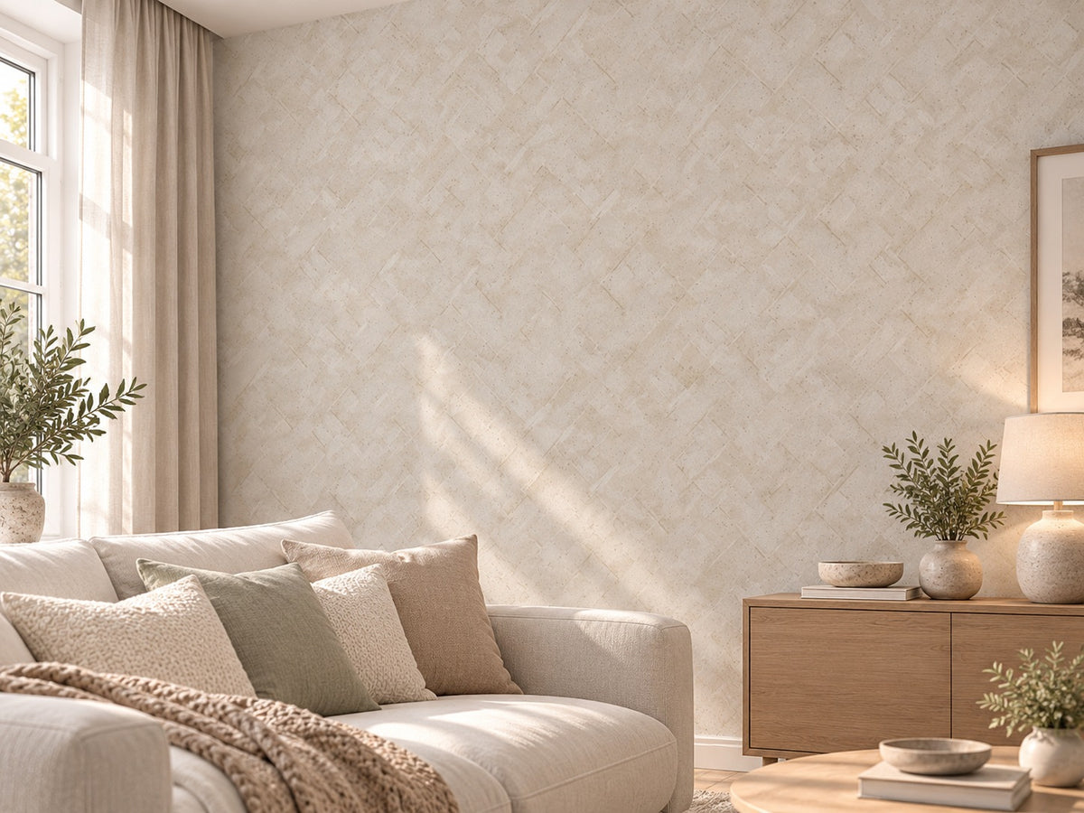 Vardagsrum med ljusbeige tapet Borosan 537 med diagonalt mönster – AI-genererad miljöbild
