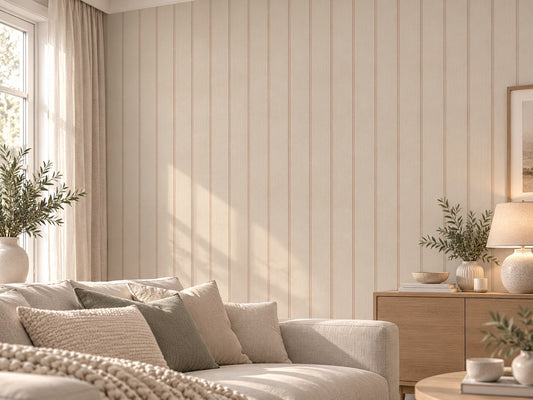 Vardagsrum med ljusbeige tapet med terrakottafärgade ränder – AI-genererad miljöbild