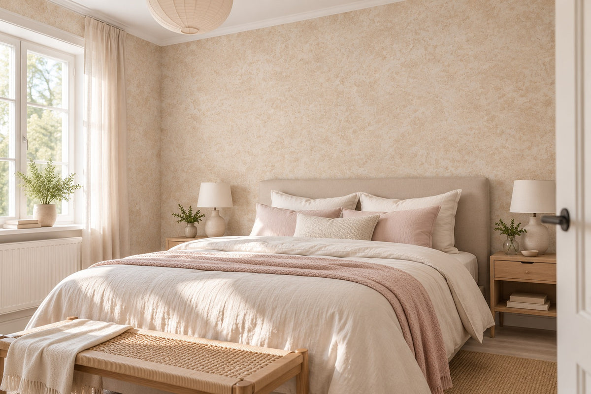 Sovrum med sandbeige marmorerad tapet – AI-genererad miljöbild