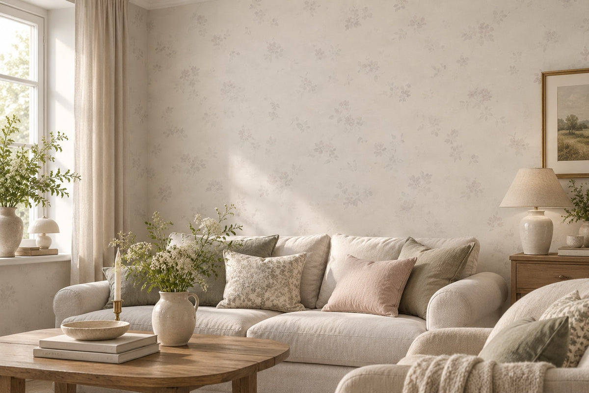 Vardagsrum med vit tapet med ton-i-ton blommor Colorit Classic B83 – AI-genererad miljöbild
