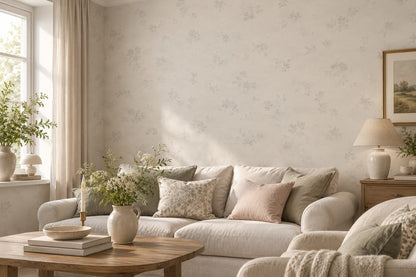 Vardagsrum med vit tapet med ton-i-ton blommor Colorit Classic B83 – AI-genererad miljöbild