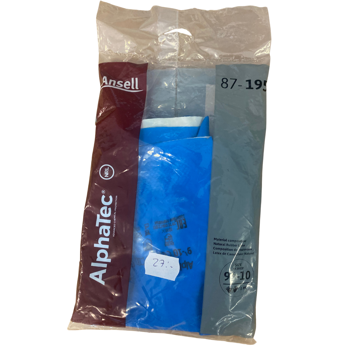 Förpackning med Ansell AlphaTec 87-195 latexhandske, storlek 9,5-10, framsida