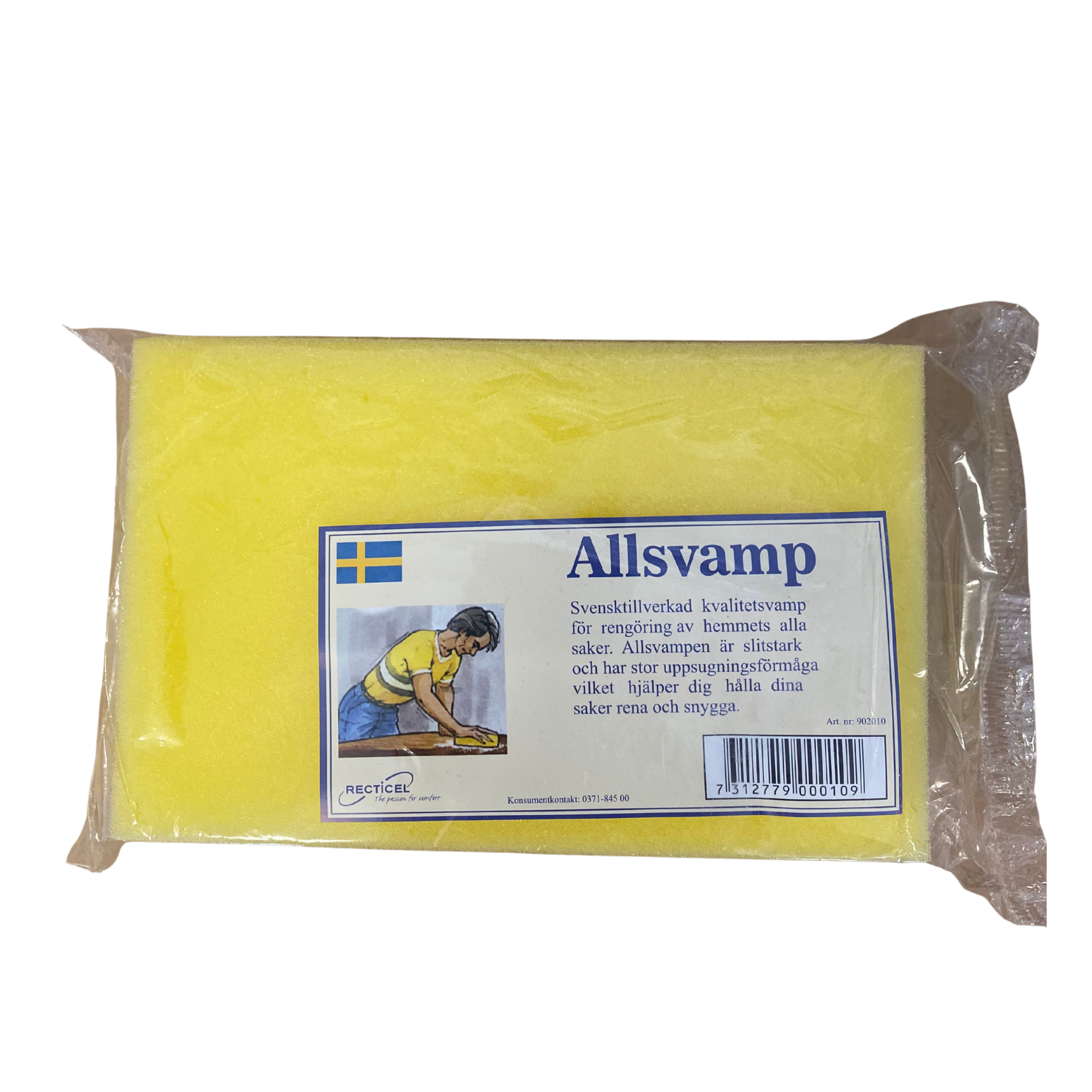 Förpackning med gul Allsvamp rengöringssvamp från Recticel, svensktillverkad