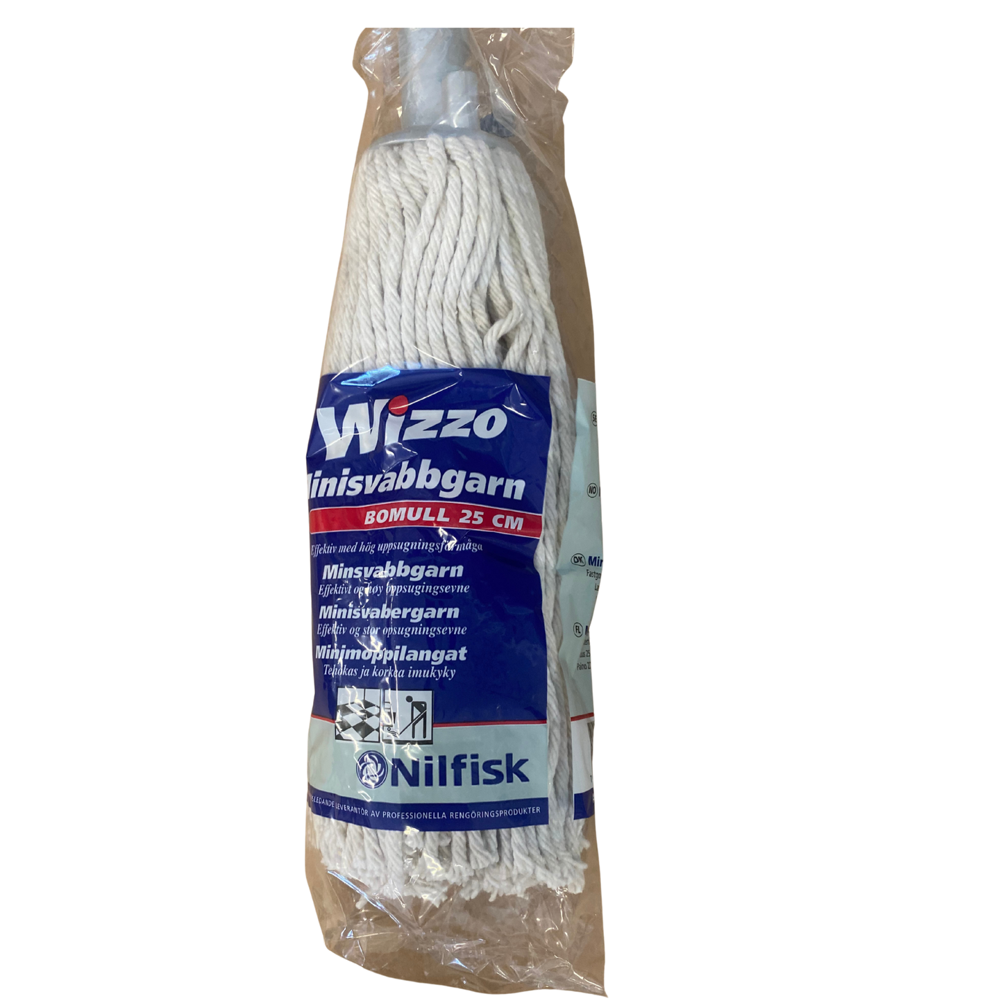 Förpackning med Nilfisk Wizzo minisvabbgarn i bomull, 25 cm