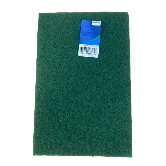 Grön skurnylon från Fixor med prislapp, 150x220 mm, för diskning och rengöring
