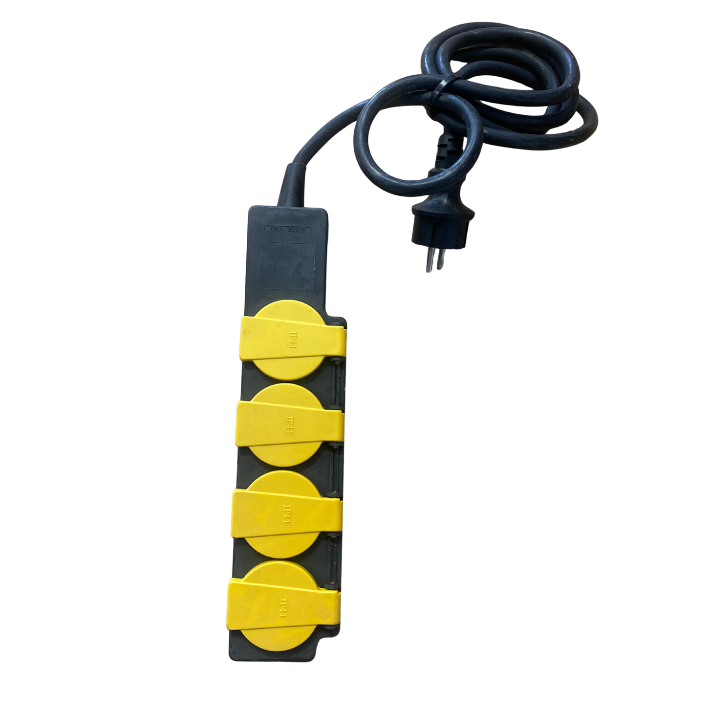 Begagnat svart grenuttag med fyra gula IP44-uttag och lock, 1,5m kabel