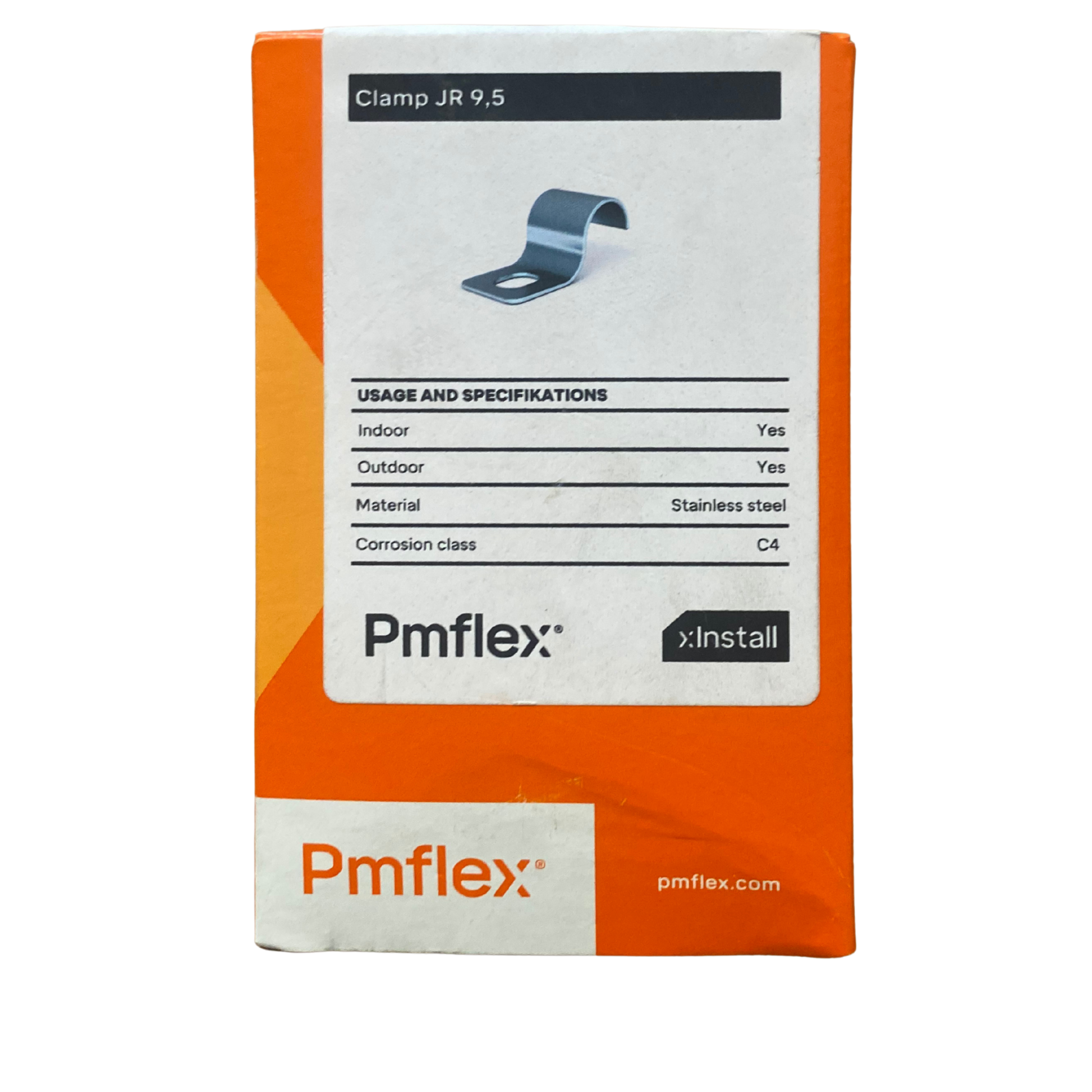Förpackning med Pmflex JR-klammer 9,5 i rostfritt stål, 100-pack, framsida