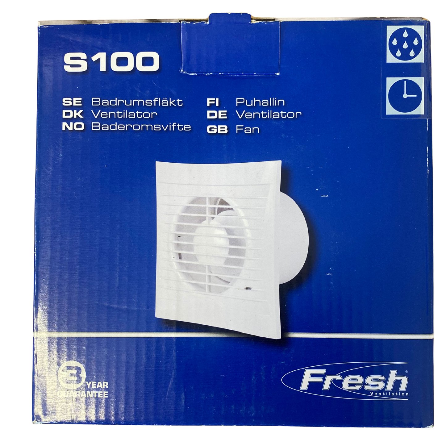 Fresh S100 T badrumsfläkt med fyrkantigt galler och timer i originalförpackning, framsida