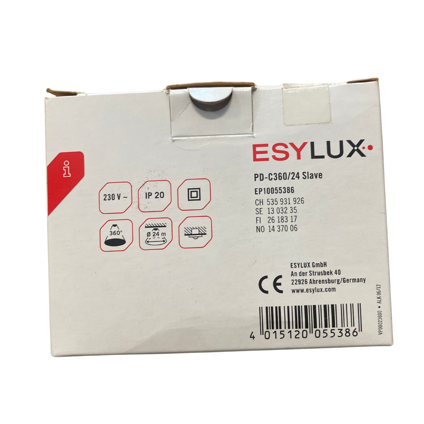 Baksida av Esylux-förpackning med tekniska specifikationer och symboler