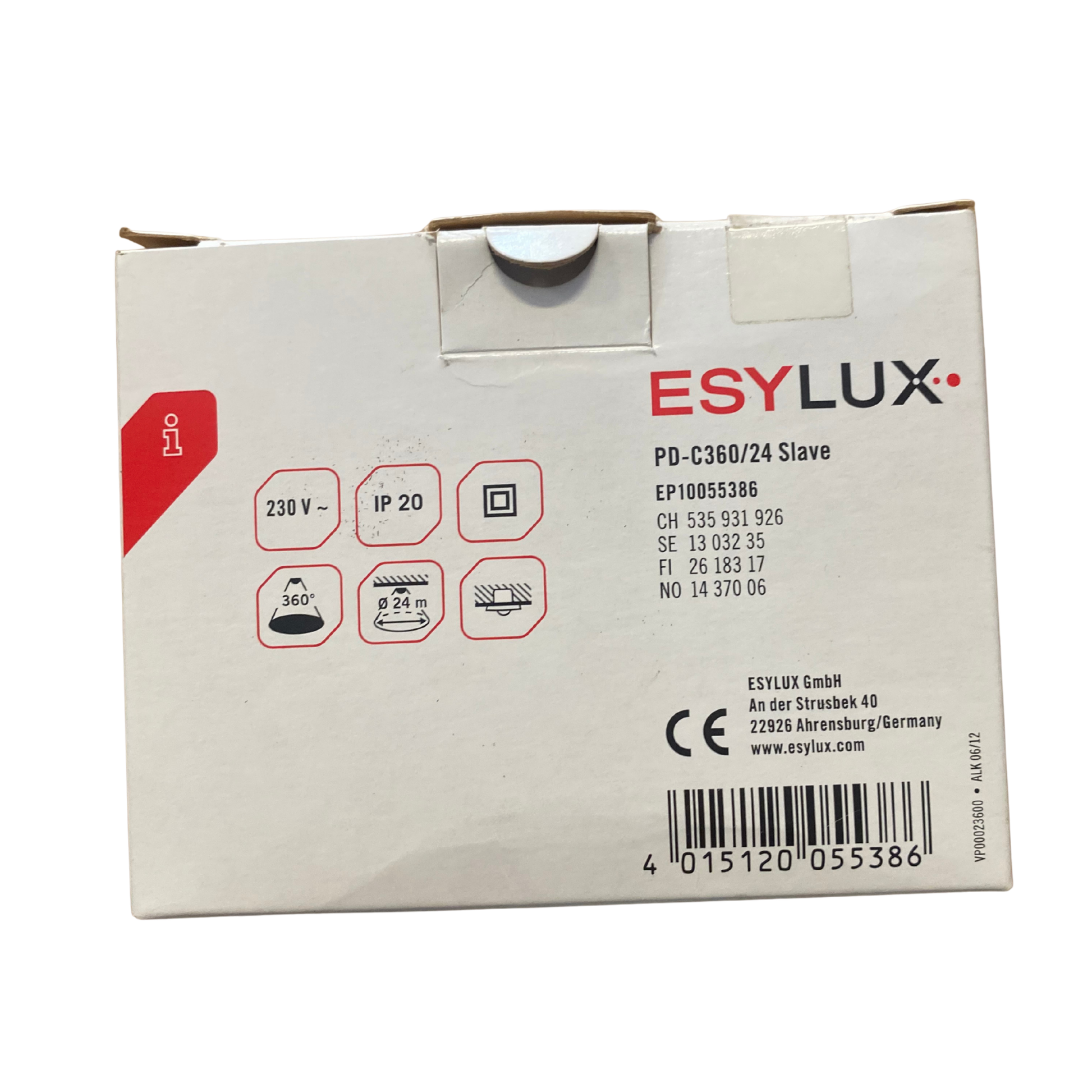 Baksida av Esylux-förpackning med tekniska specifikationer och symboler