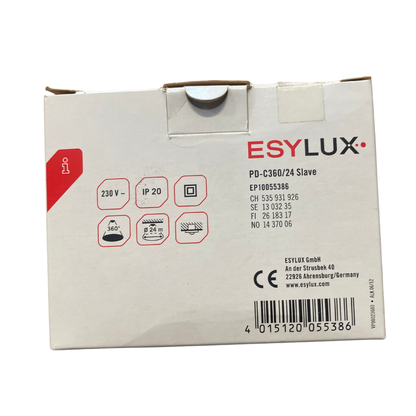 Baksida av Esylux-förpackning med tekniska specifikationer och symboler