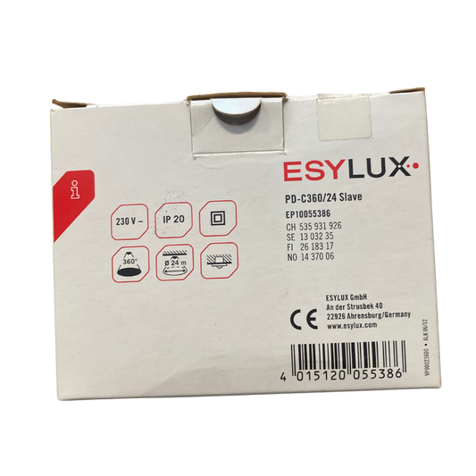 Baksida av Esylux-förpackning med tekniska specifikationer och symboler