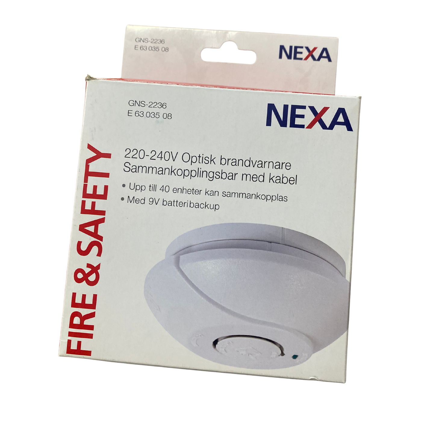 Förpackning med Nexa GNS-2236 optisk brandvarnare, 220-240V, framsida