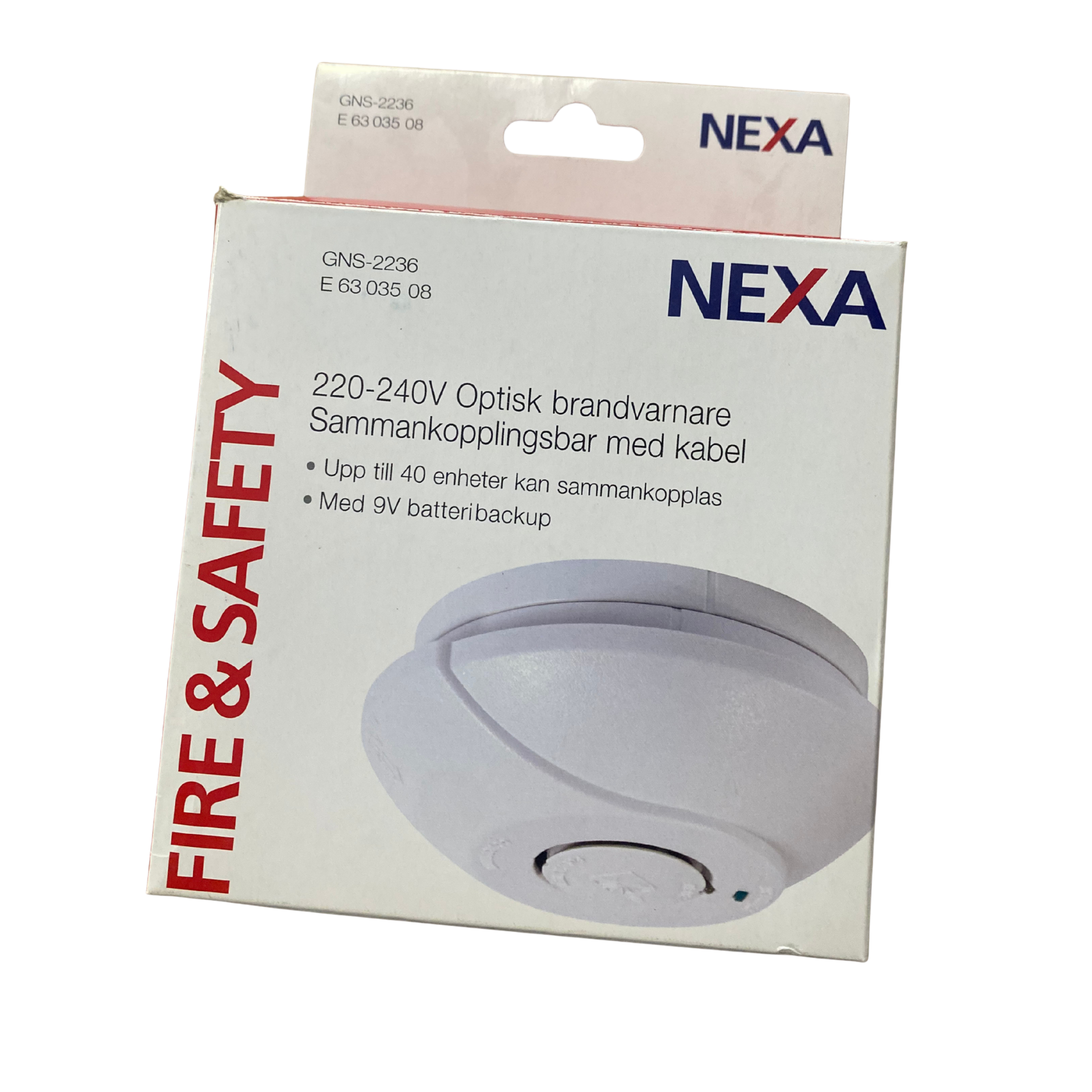 Förpackning med Nexa GNS-2236 optisk brandvarnare, 220-240V, framsida
