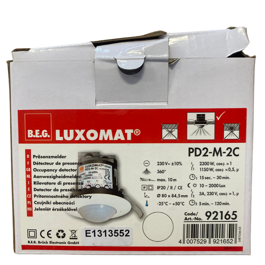 Förpackning med Luxomat BEG PD2-M-2C närvarodetektor för takmontering, 360°