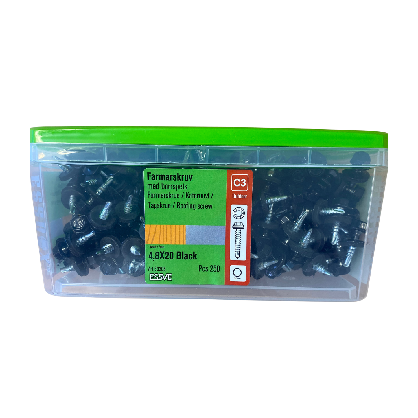 ESSVE Farmarskruv 4,8x20mm svart förpackning med 250 st, sidovy