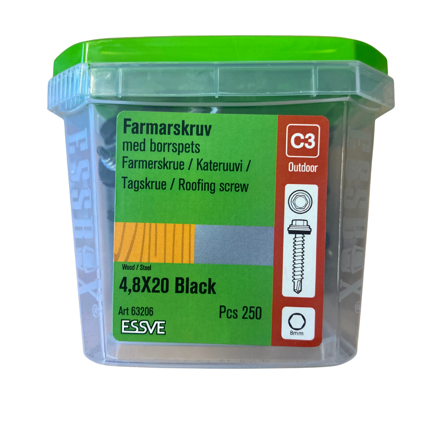 ESSVE Farmarskruv 4,8x20mm svart förpackning med 250 st, framsida