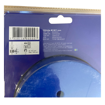 Baksida av förpackning med artikelnummer, NOBB, VVS och EAN för Fresh hålsåg Ø127 mm