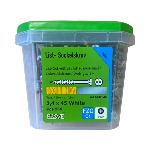 ESSVE List- och sockelskruv 3,4x45mm vit förpackning med 250 st, framsida