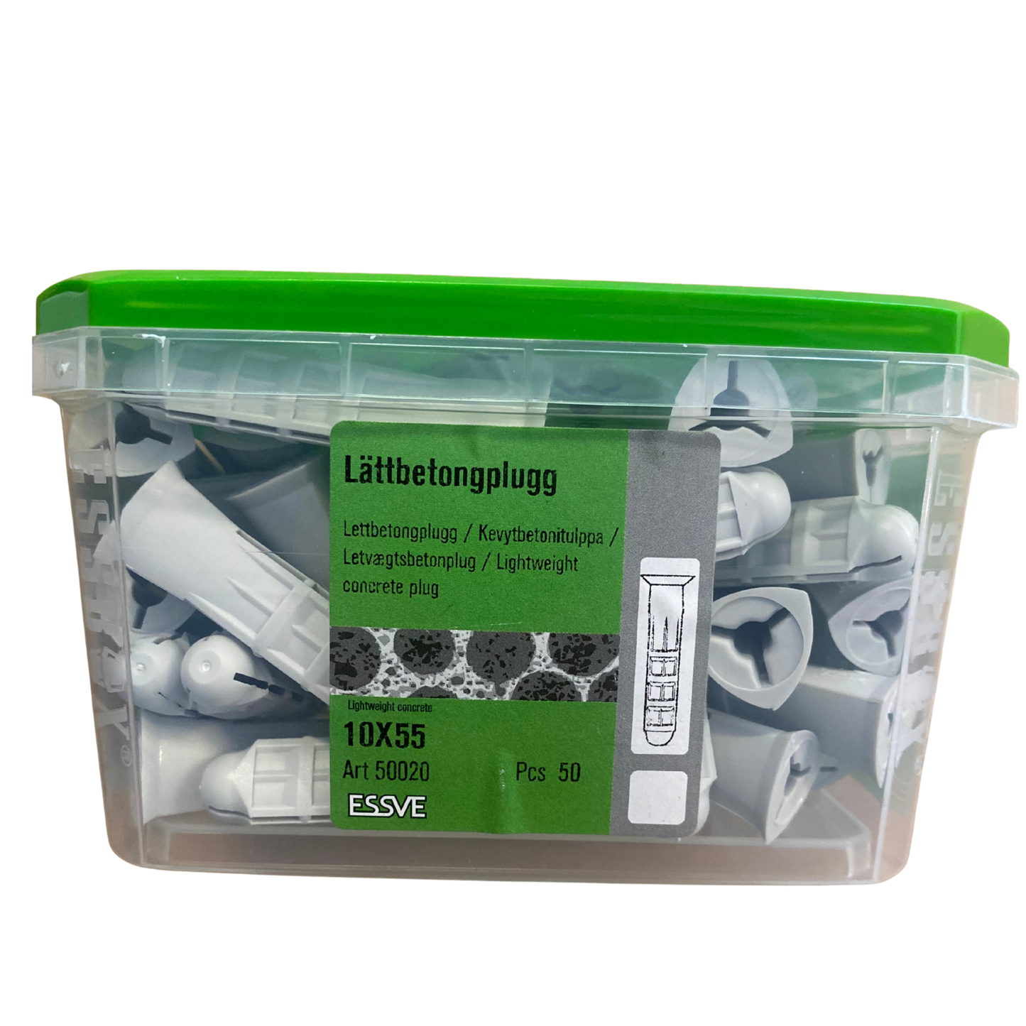 ESSVE Lättbetongplugg nylon 10x55mm förpackning med 50 st, framsida