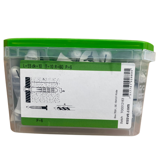 Baksida av förpackning med montageanvisning och artikelnummer för ESSVE lättbetongplugg 10x55mm