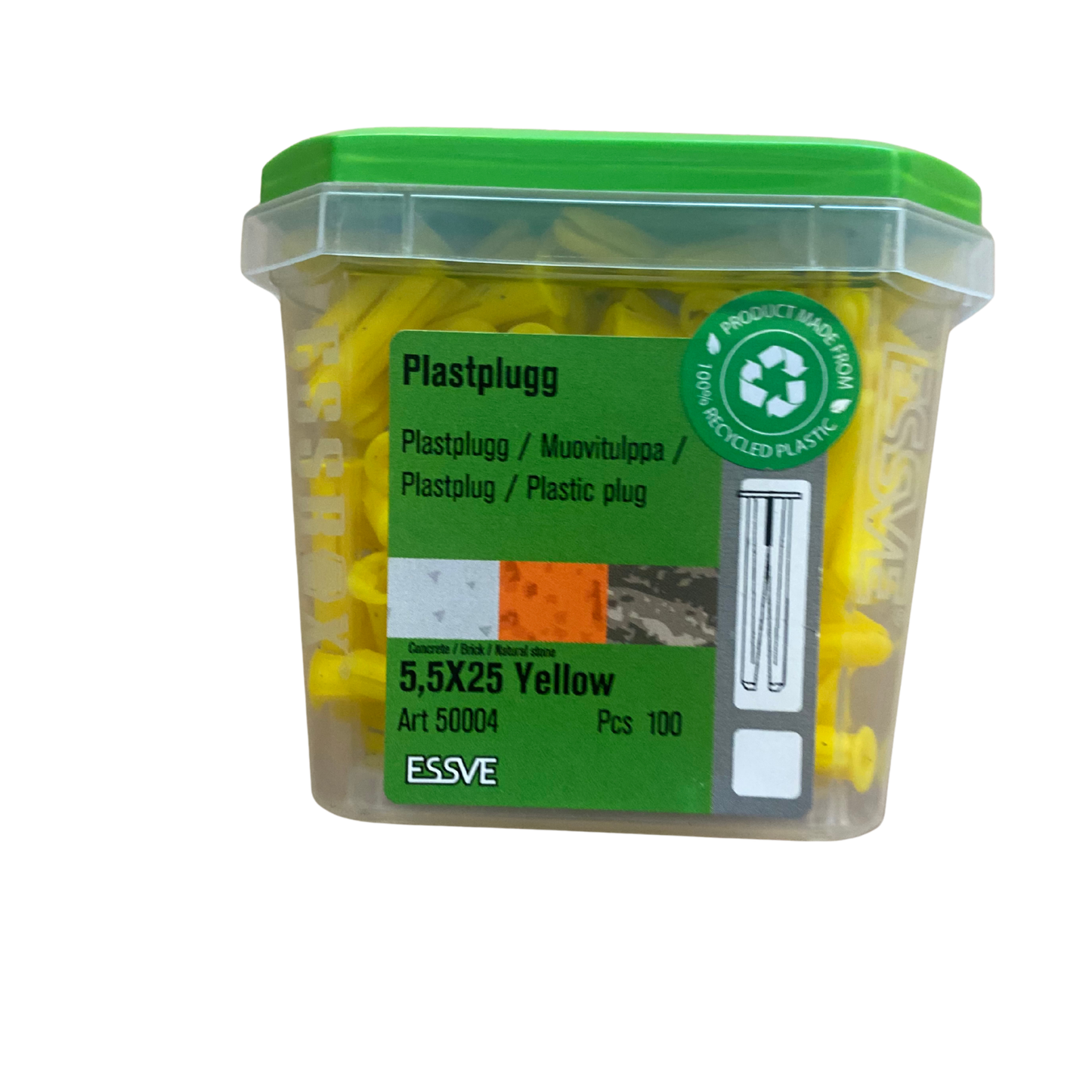 ESSVE Plastplugg gul 5,5x25mm förpackning med 100 st, framsida