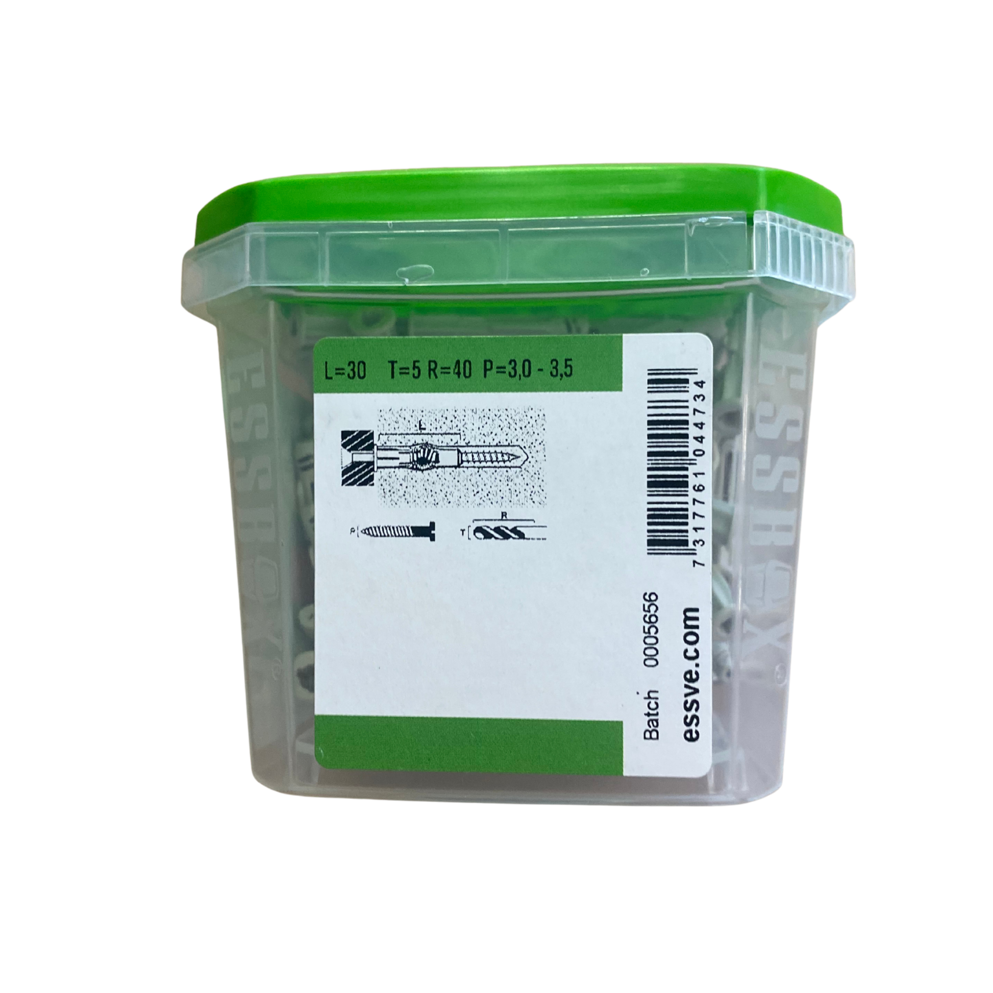 ESSVE Universalplugg 5x30 mm förpackning baksida med tekniska mått L T R P