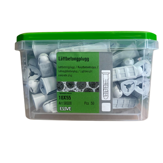 ESSVE Lättbetongplugg 10x55 mm förpackning med grönt lock, 50-pack