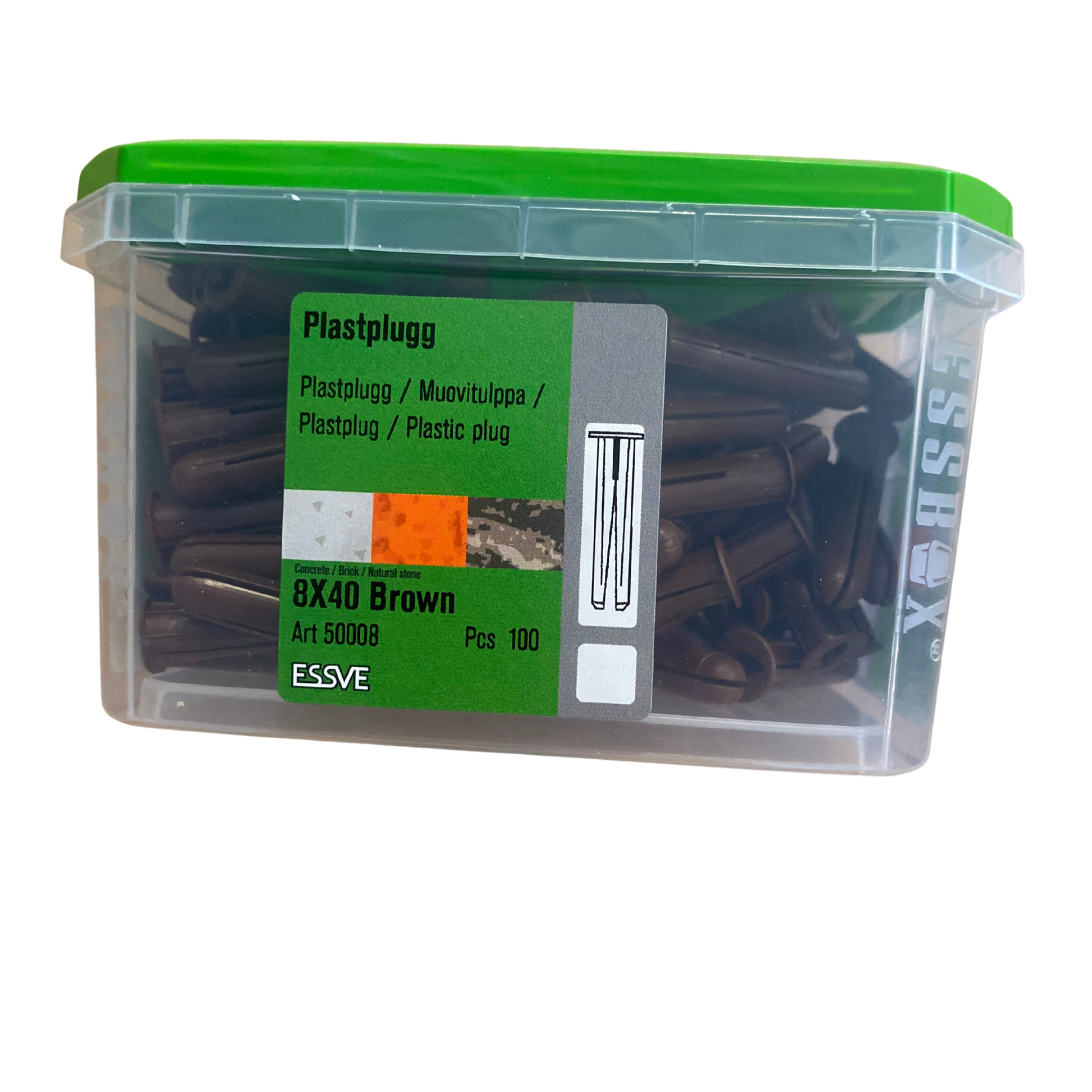 ESSVE Plastplugg 8x40 mm brun förpackning med grönt lock, 100-pack