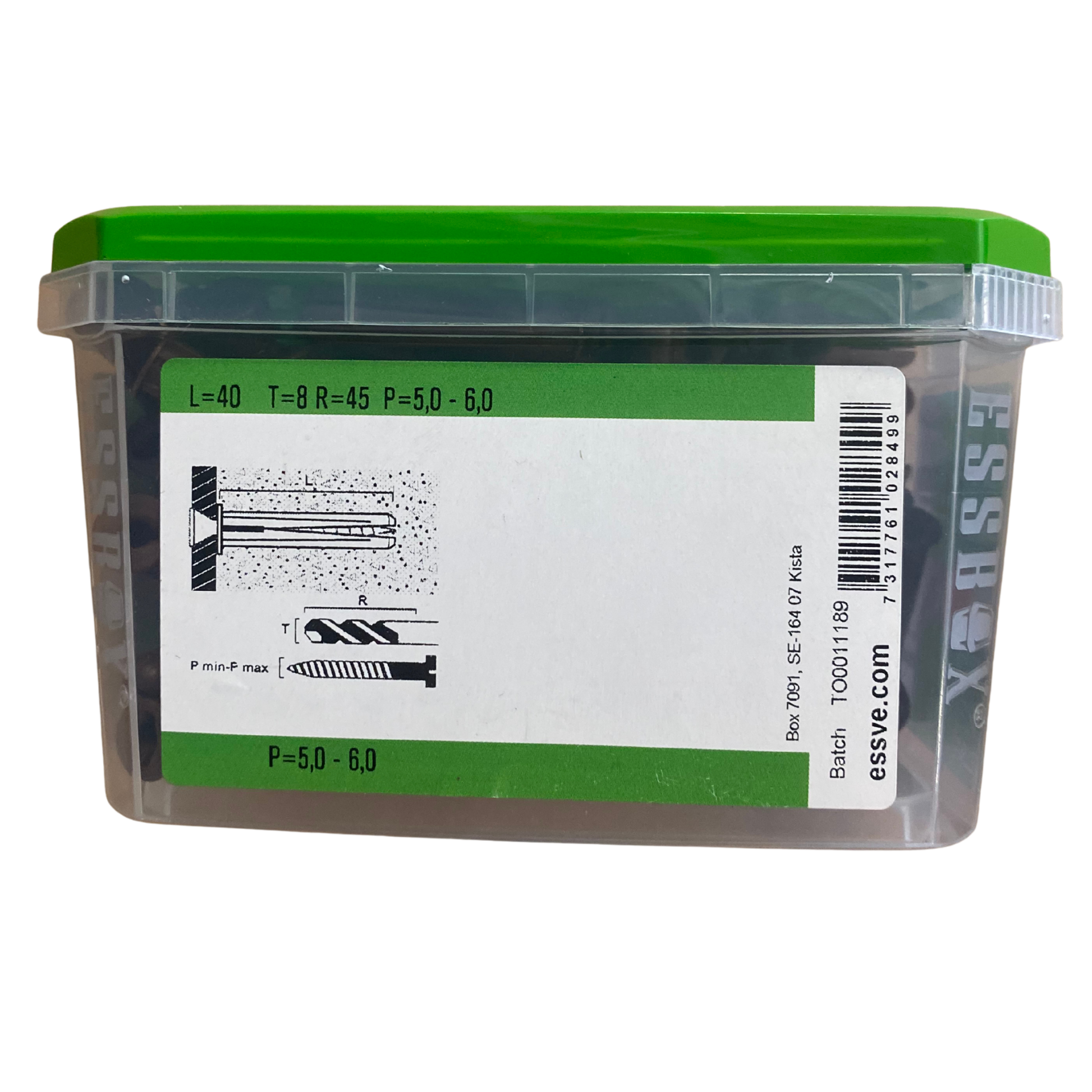 ESSVE Plastplugg 8x40 mm brun förpackning baksida med tekniska mått L T R P