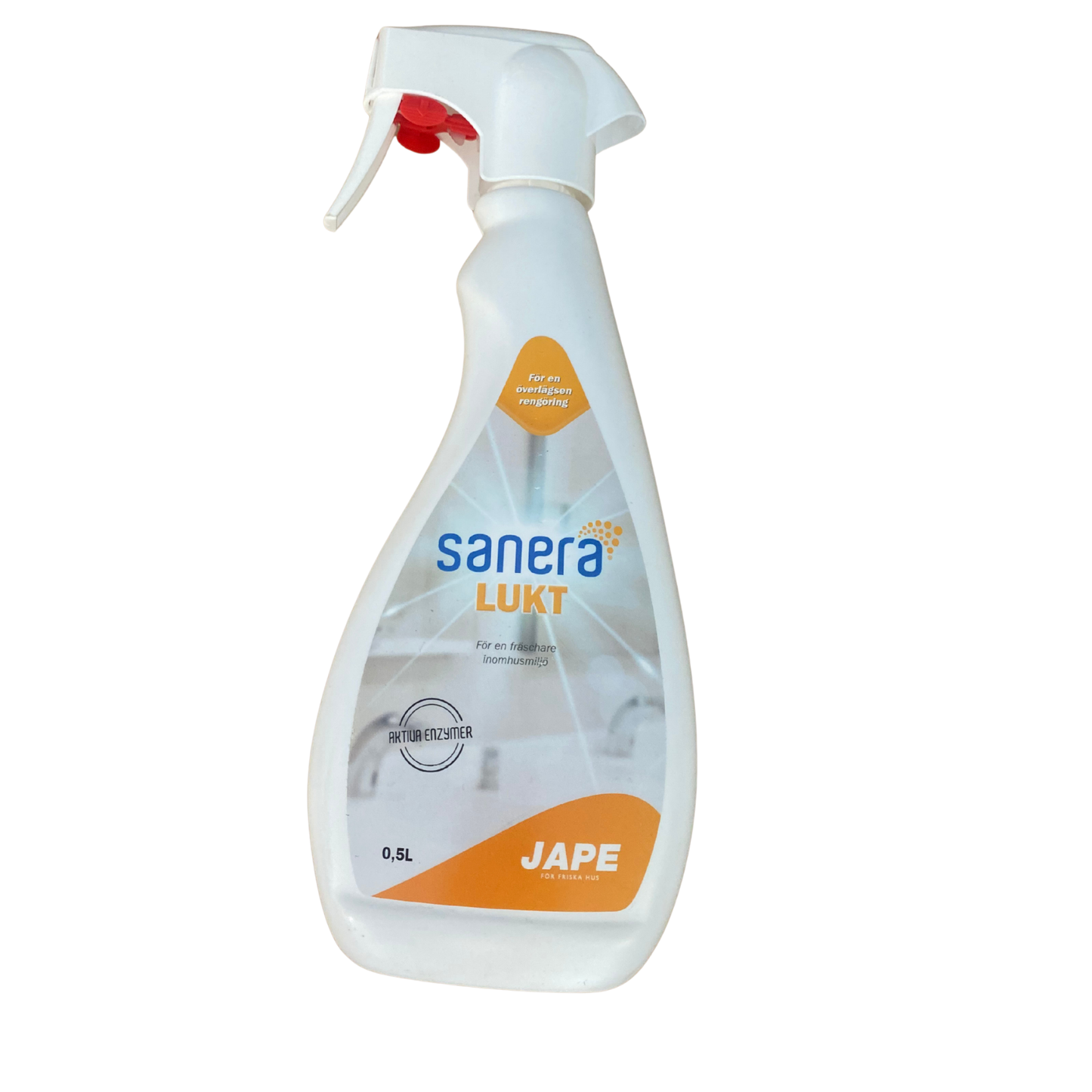 Sprayflaska med JAPE Sanera Lukt enzymbaserad luktborttagare, 0,5 liter, framsida