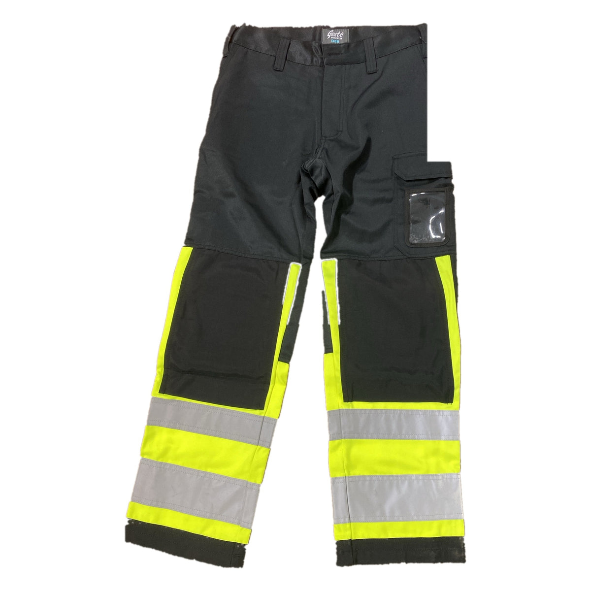 Varselbyxa Gesto svart och gul med knäfickor, reflexband och ID-ficka, framsida