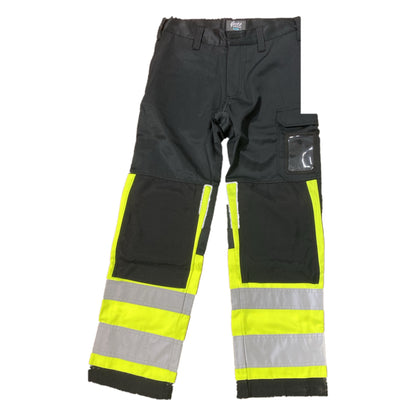 Varselbyxa Gesto svart och gul med knäfickor, reflexband och ID-ficka, framsida