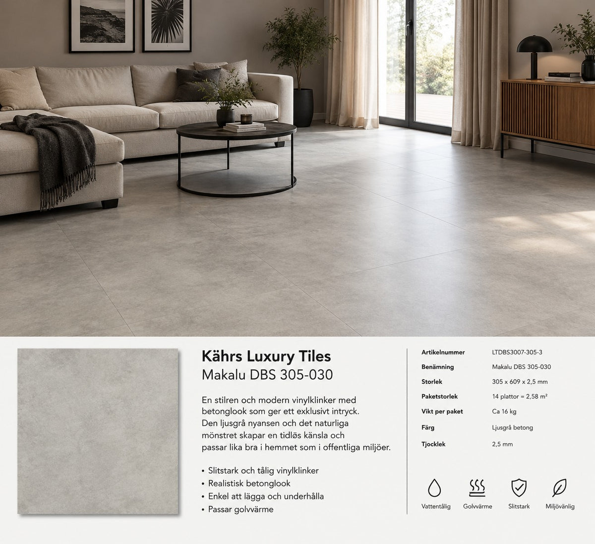 Vinylklinker i ljusgrå betonglook lagt i ljust vardagsrum med soffa och soffbord