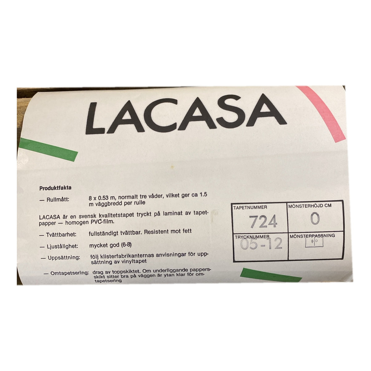 Tapetrulle Lacasa 724 med produktfakta-etikett