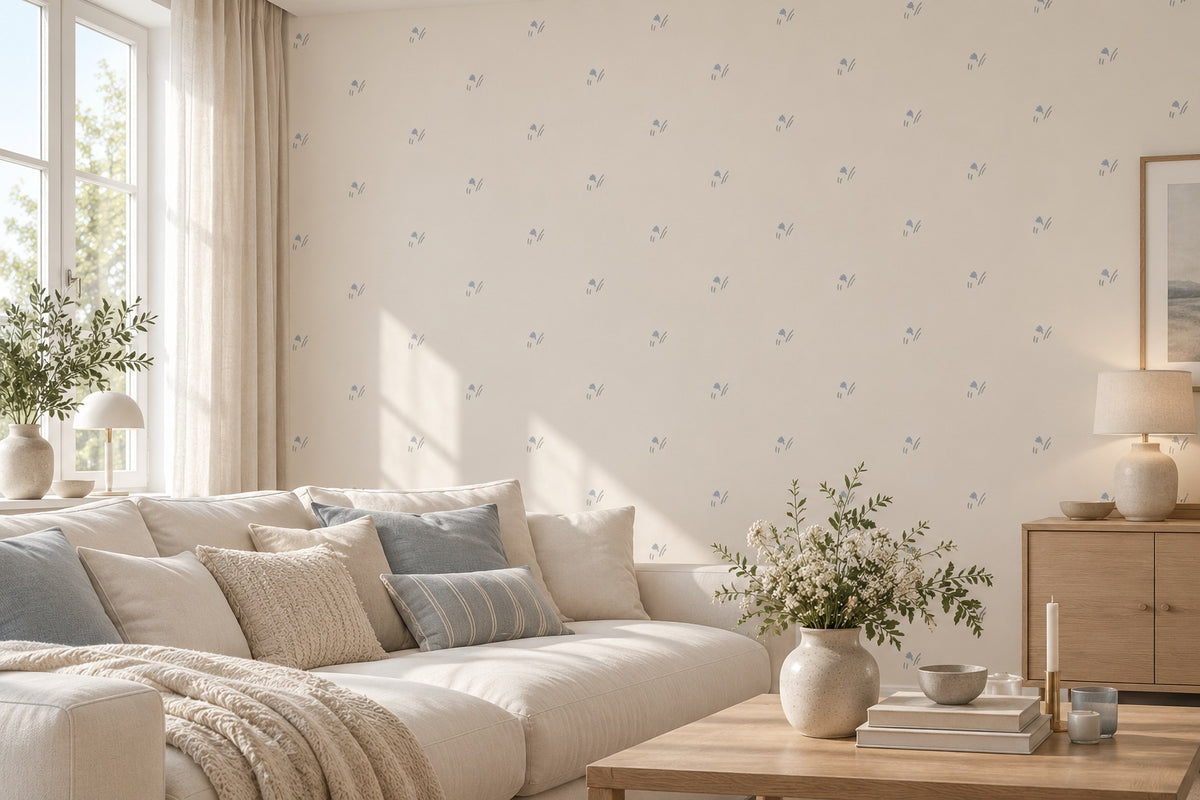 Vardagsrum med vit vinyltapet med små blå blommor Lacasa 720 – AI-genererad miljöbild