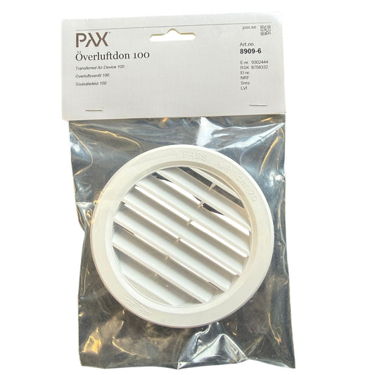 PAX Överluftdon 100 vit ventilationsgaller i förpackning med produktinformation