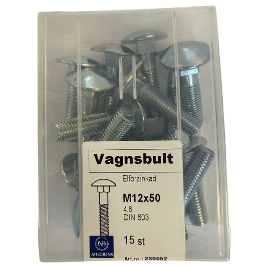 Nils Ahlgren Vagnsbult M12x50 förpackning framsida med produkter synliga