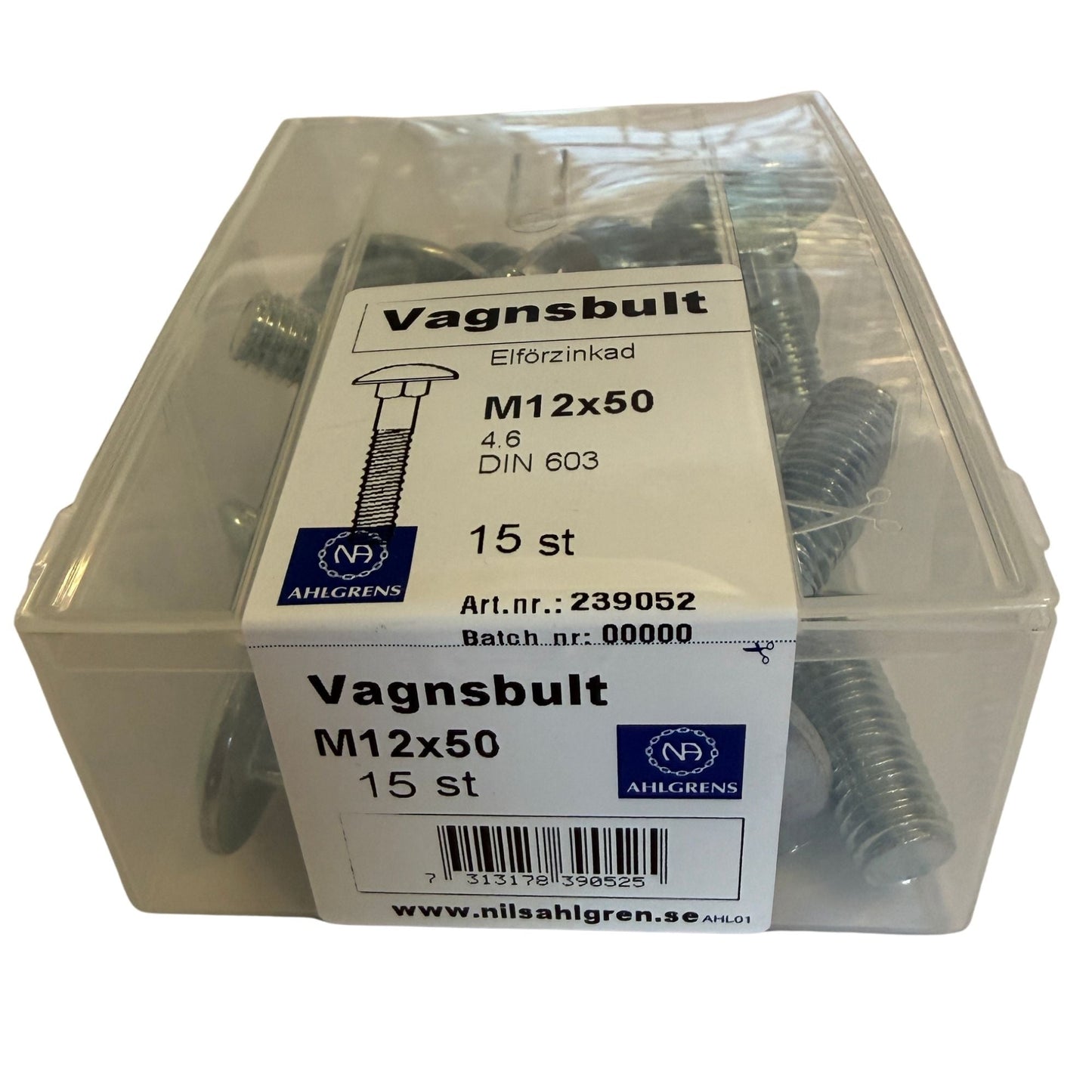 Nils Ahlgren Vagnsbult M12x50 förpackning ovanifrån med etikett och streckkod