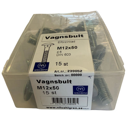 Nils Ahlgren Vagnsbult M12x50 förpackning ovanifrån med etikett och streckkod