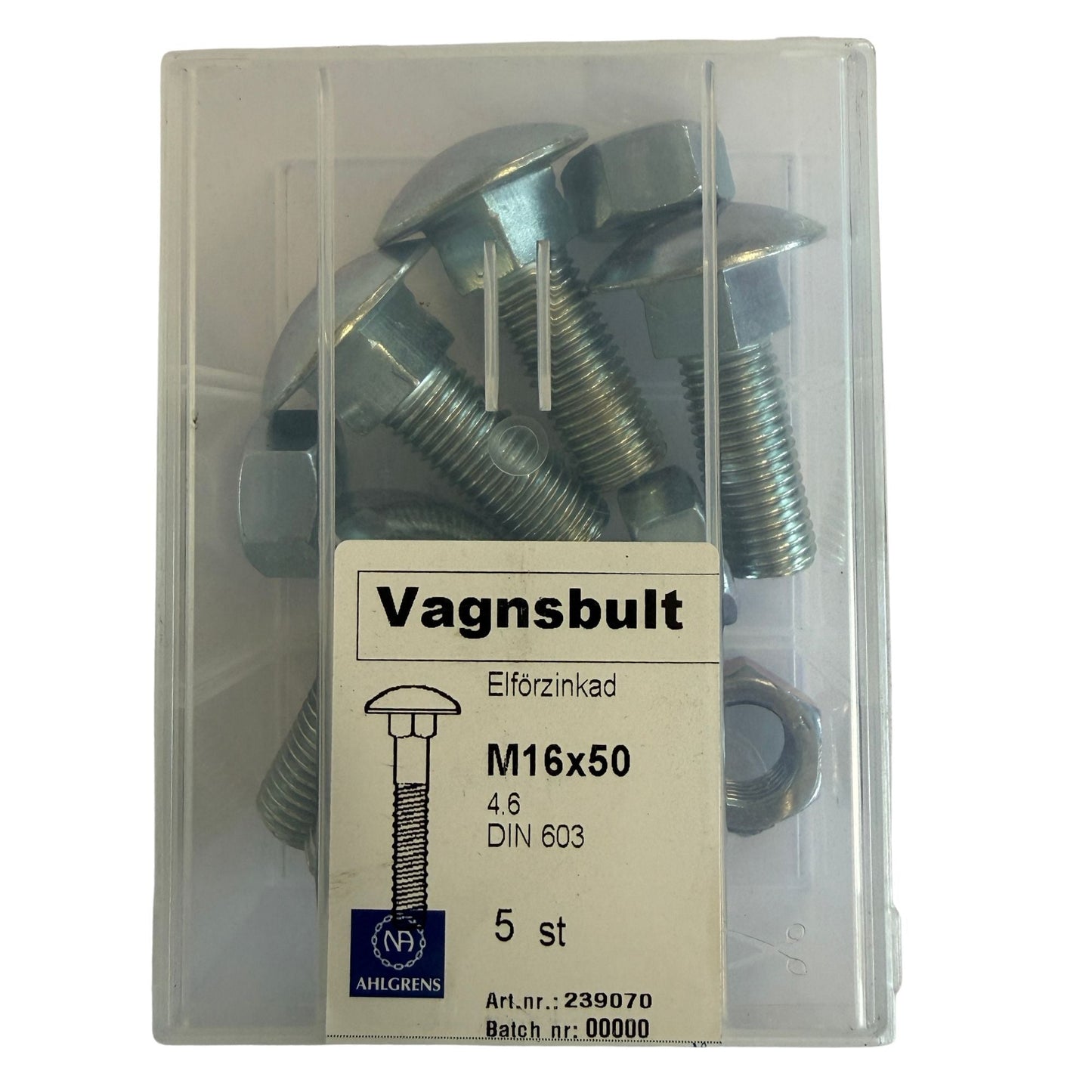 Nils Ahlgren Vagnsbult M16x50 förpackning framsida med produkter synliga