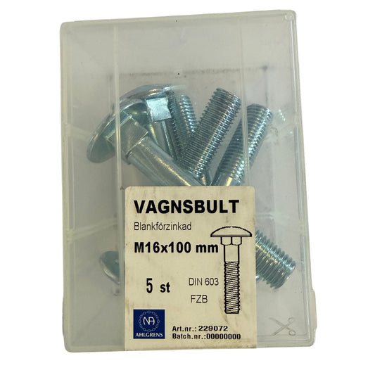 Nils Ahlgren Vagnsbult M16x100mm förpackning framsida med produkter synliga