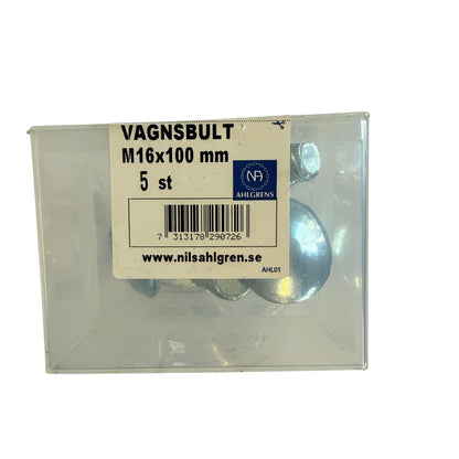Nils Ahlgren Vagnsbult M16x100mm förpackning baksida med etikett och streckkod