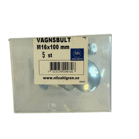 Nils Ahlgren Vagnsbult M16x100mm förpackning baksida med etikett och streckkod