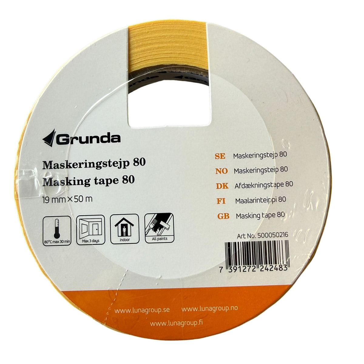Grunda Maskeringstejp 80 rulle med förpackningsetikett 19mm x 50m