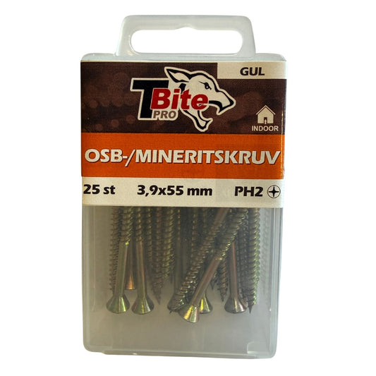 T-Bite Pro OSB-/Mineritskruv 3,9x55mm gul förpackning framsida