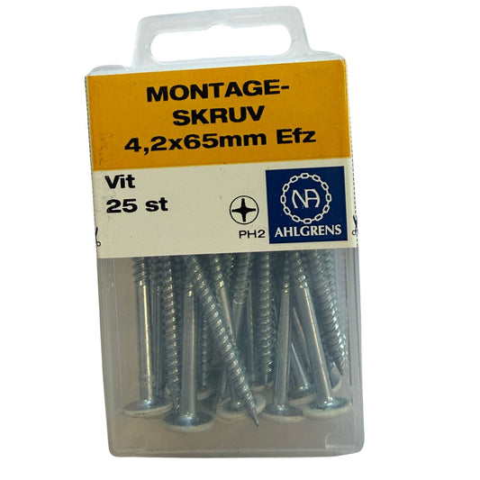 Förpackning med vita montageskruvar 4,2x65mm från Ahlgrens, 25 st