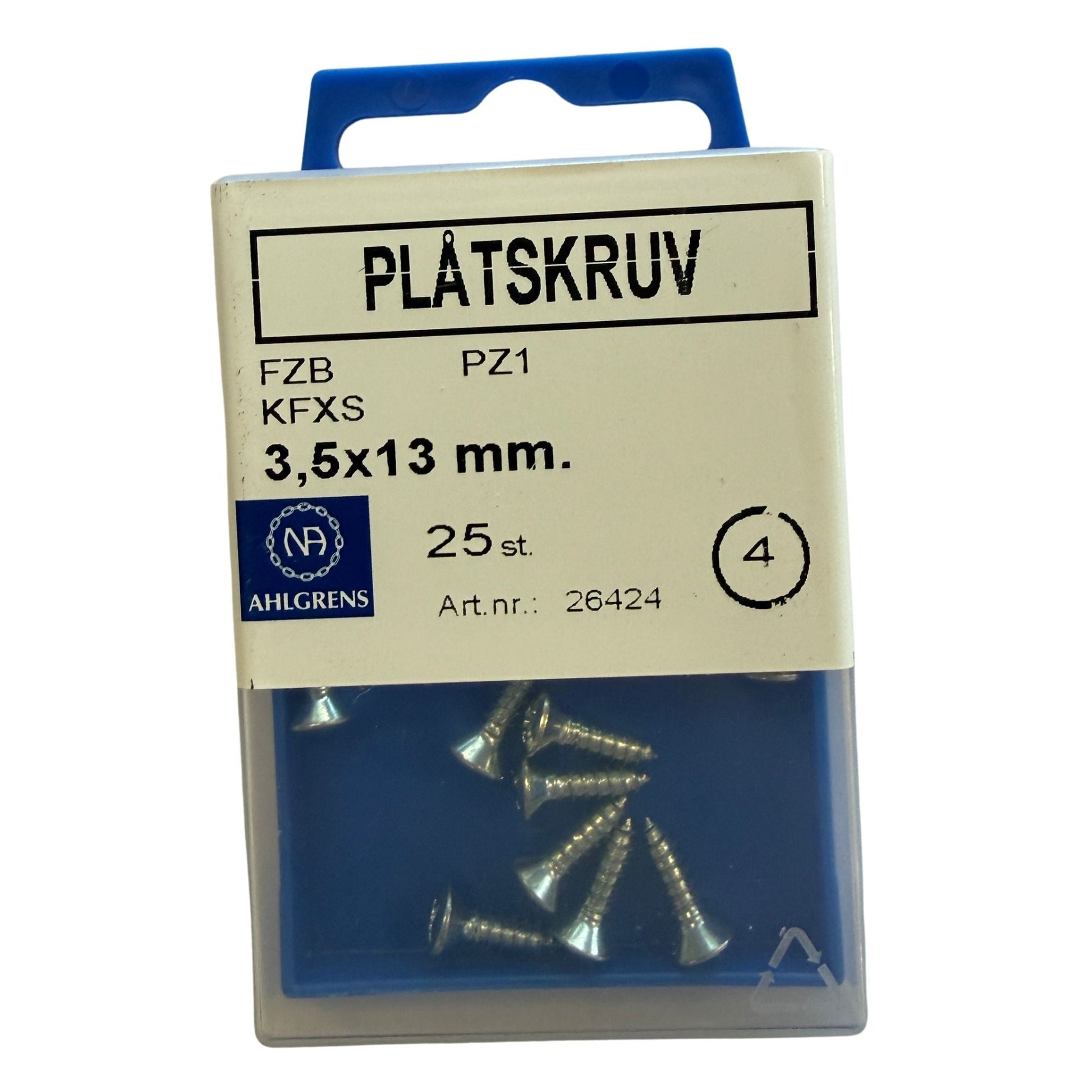 Förpackning med plåtskruvar 3,5x13mm FZB från Ahlgrens, 25 st
