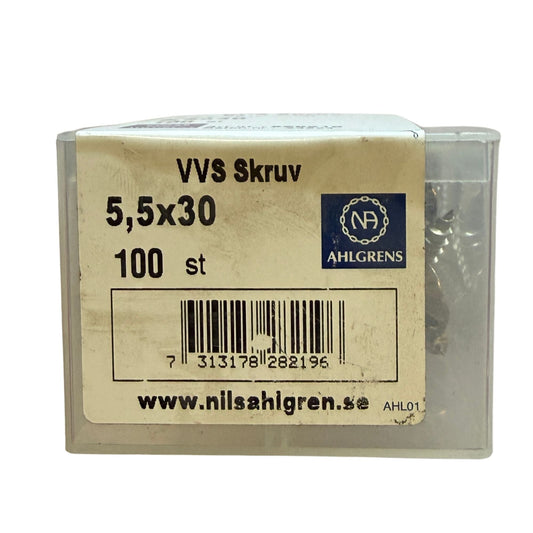 Baksida av förpackning med streckkod för VVS Skruv A2 TKFX 5,5x30mm