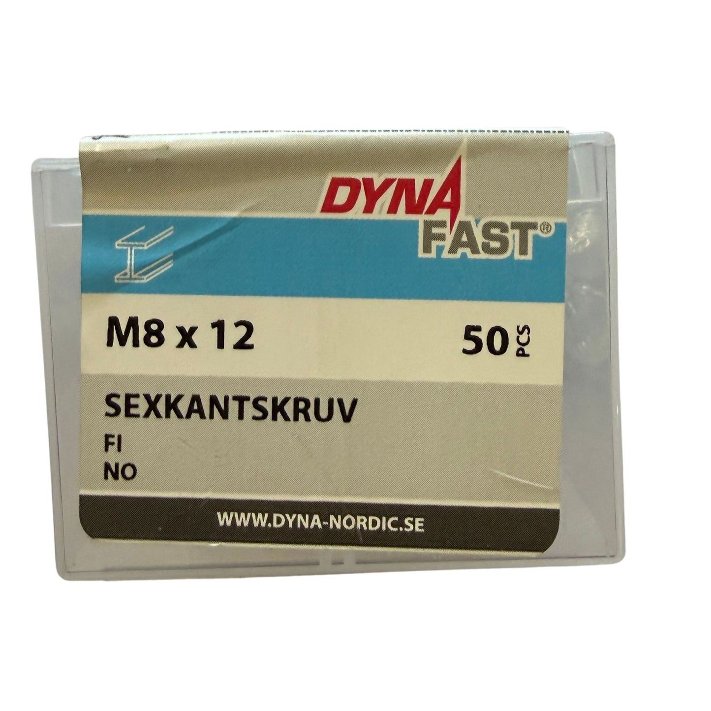 Baksida av förpackning med produktinformation för sexkantskruv M8x12